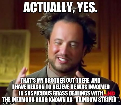 Ancient Aliens Meme | ACTUALLY, YES. THAT'S MY BROTHER OUT THERE, AND I HAVE REASON TO BELIEVE HE WAS INVOLVED IN SUSPICIOUS GRASS DEALINGS WITH THE INFAMOUS GANG | image tagged in memes,ancient aliens | made w/ Imgflip meme maker