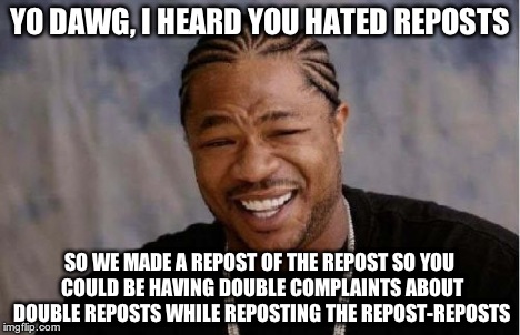 Yo Dawg Heard You Meme | YO DAWG, I HEARD YOU HATED REPOSTS SO WE MADE A REPOST OF THE REPOST SO YOU COULD BE HAVING DOUBLE COMPLAINTS ABOUT DOUBLE REPOSTS WHILE REP | image tagged in memes,yo dawg heard you | made w/ Imgflip meme maker