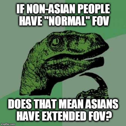 Thought of this while trying to sleep  | IF NON-ASIAN PEOPLE HAVE "NORMAL" FOV DOES THAT MEAN ASIANS HAVE EXTENDED FOV? | image tagged in memes,philosoraptor,asian | made w/ Imgflip meme maker