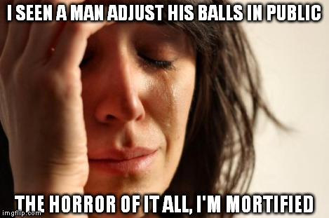 First World Problems | I SEEN A MAN ADJUST HIS BALLS IN PUBLIC THE HORROR OF IT ALL, I'M MORTIFIED | image tagged in memes,first world problems | made w/ Imgflip meme maker
