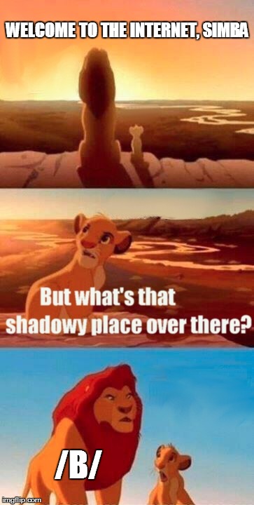 Simba discovers /b/ | WELCOME TO THE INTERNET, SIMBA /B/ | image tagged in memes,simba shadowy place | made w/ Imgflip meme maker