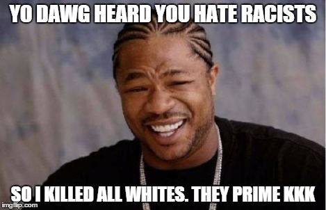 Yo Dawg Heard You Meme | YO DAWG HEARD YOU HATE RACISTS SO I KILLED ALL WHITES. THEY PRIME KKK | image tagged in memes,yo dawg heard you | made w/ Imgflip meme maker