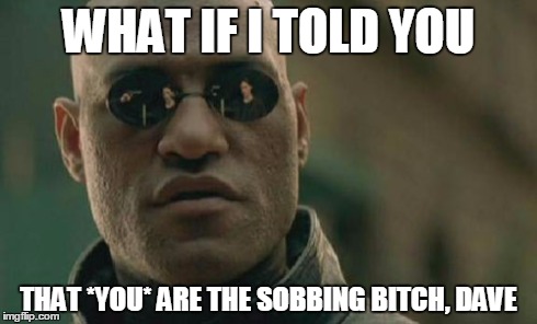 Matrix Morpheus Meme | WHAT IF I TOLD YOU THAT *YOU* ARE THE SOBBING B**CH, DAVE | image tagged in memes,matrix morpheus | made w/ Imgflip meme maker