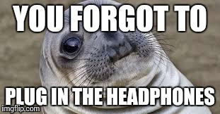 Akward moment seal | YOU FORGOT TO PLUG IN THE HEADPHONES | image tagged in akward moment seal | made w/ Imgflip meme maker