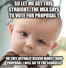 Skeptical Baby | SO LET ME GET THIS STRAIGHT...THE MEA SAYS TO VOTE FOR PROPOSAL 1 DO THEY ACTUALLY BELIEVE MONEY FROM PROPOSAL 1 WILL GO TO THE SCHOOLS? | image tagged in memes,skeptical baby | made w/ Imgflip meme maker