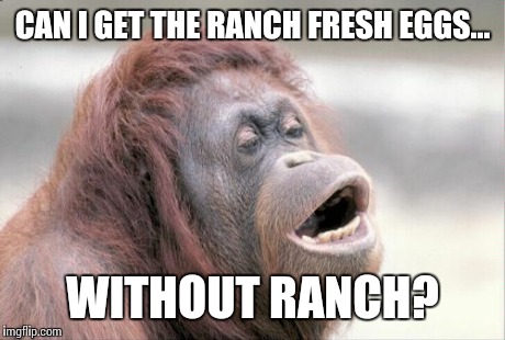 Monkey OOH | CAN I GET THE RANCH FRESH EGGS... WITHOUT RANCH? | image tagged in memes,monkey ooh | made w/ Imgflip meme maker