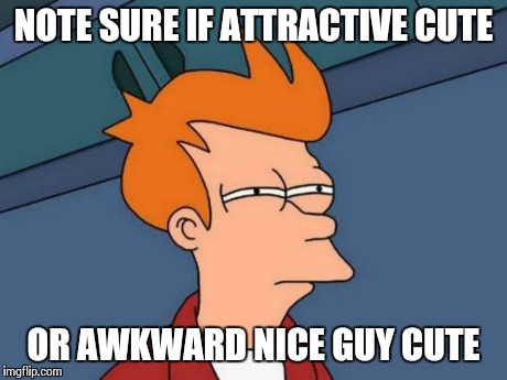 Futurama Fry Meme | NOTE SURE IF ATTRACTIVE CUTE OR AWKWARD NICE GUY CUTE | image tagged in memes,futurama fry | made w/ Imgflip meme maker