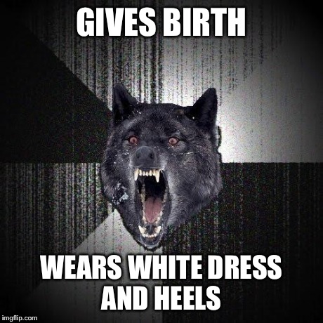 Insanity Wolf Meme | GIVES BIRTH WEARS WHITE DRESS AND HEELS | image tagged in memes,insanity wolf,AdviceAnimals | made w/ Imgflip meme maker