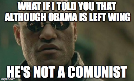 Matrix Morpheus Meme | WHAT IF I TOLD YOU THAT ALTHOUGH OBAMA IS LEFT WING HE'S NOT A COMUNIST | image tagged in memes,matrix morpheus | made w/ Imgflip meme maker