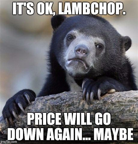 Confession Bear Meme | IT'S OK, LAMBCHOP. PRICE WILL GO DOWN AGAIN... MAYBE | image tagged in memes,confession bear | made w/ Imgflip meme maker