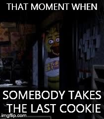 Chica Looking In Window FNAF | THAT MOMENT WHEN SOMEBODY TAKES THE LAST COOKIE | image tagged in chica looking in window fnaf | made w/ Imgflip meme maker