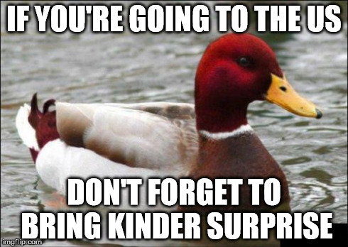 Malicious Advice Mallard Meme | IF YOU'RE GOING TO THE US DON'T FORGET TO BRING KINDER SURPRISE | image tagged in memes,malicious advice mallard | made w/ Imgflip meme maker