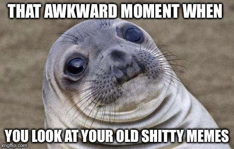 Awkward Moment Sealion | THAT AWKWARD MOMENT WHEN YOU LOOK AT YOUR OLD SHITTY MEMES | image tagged in memes,awkward moment sealion | made w/ Imgflip meme maker