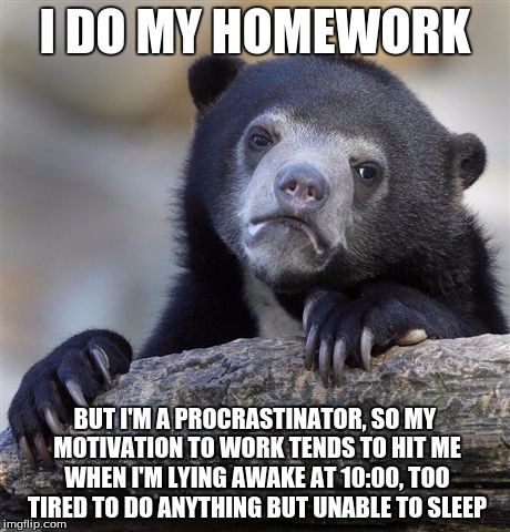 Confession Bear Meme | I DO MY HOMEWORK BUT I'M A PROCRASTINATOR, SO MY MOTIVATION TO WORK TENDS TO HIT ME WHEN I'M LYING AWAKE AT 10:00, TOO TIRED TO DO ANYTHING  | image tagged in memes,confession bear | made w/ Imgflip meme maker