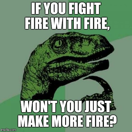 Philosoraptor | IF YOU FIGHT FIRE WITH FIRE, WON'T YOU JUST MAKE MORE FIRE? | image tagged in memes,philosoraptor | made w/ Imgflip meme maker