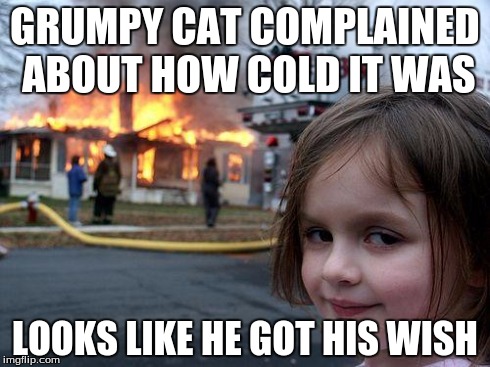 Disaster Girl Meme | GRUMPY CAT COMPLAINED ABOUT HOW COLD IT WAS LOOKS LIKE HE GOT HIS WISH | image tagged in memes,disaster girl | made w/ Imgflip meme maker