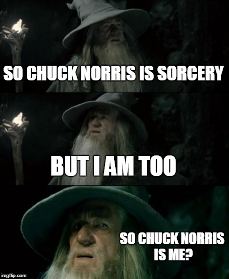 Confused Gandalf Meme | SO CHUCK NORRIS IS SORCERY BUT I AM TOO SO CHUCK NORRIS IS ME? | image tagged in memes,confused gandalf | made w/ Imgflip meme maker