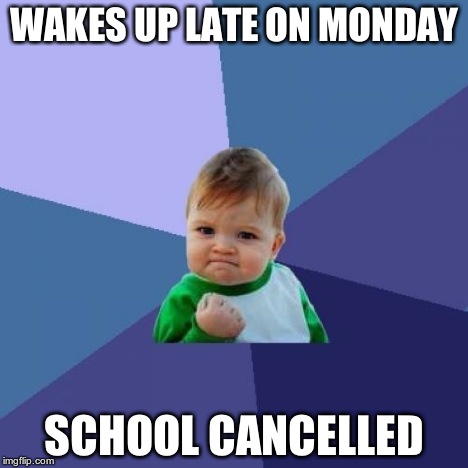 Success Kid Meme | WAKES UP LATE ON MONDAY SCHOOL CANCELLED | image tagged in memes,success kid | made w/ Imgflip meme maker