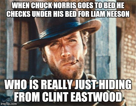 Clint Eastwood | WHEN CHUCK NORRIS GOES TO BED HE CHECKS UNDER HIS BED FOR LIAM NEESON WHO IS REALLY JUST HIDING FROM CLINT EASTWOOD | image tagged in clint eastwood | made w/ Imgflip meme maker