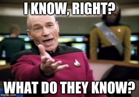 Picard Wtf Meme | I KNOW, RIGHT? WHAT DO THEY KNOW? | image tagged in memes,picard wtf | made w/ Imgflip meme maker