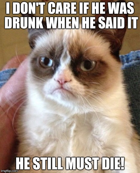 Grumpy Cat Meme | I DON'T CARE IF HE WAS DRUNK WHEN HE SAID IT HE STILL MUST DIE! | image tagged in memes,grumpy cat | made w/ Imgflip meme maker