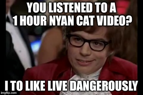 I Too Like To Live Dangerously Meme | YOU LISTENED TO A 1 HOUR NYAN CAT VIDEO? I TO LIKE LIVE DANGEROUSLY | image tagged in memes,i too like to live dangerously | made w/ Imgflip meme maker