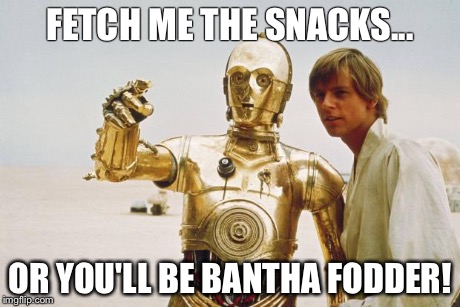 starwars | FETCH ME THE SNACKS... OR YOU'LL BE BANTHA FODDER! | image tagged in starwars | made w/ Imgflip meme maker