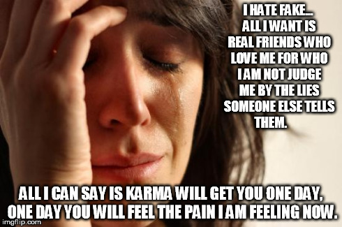 First World Problems Meme | I HATE FAKE... ALL I WANT IS REAL FRIENDS WHO LOVE ME FOR WHO I AM NOT JUDGE ME BY THE LIES SOMEONE ELSE TELLS THEM. ALL I CAN SAY IS KARMA  | image tagged in memes,first world problems | made w/ Imgflip meme maker