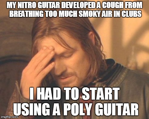 Frustrated Boromir Meme | MY NITRO GUITAR DEVELOPED A COUGH FROM BREATHING TOO MUCH SMOKY AIR IN CLUBS I HAD TO START USING A POLY GUITAR | image tagged in memes,frustrated boromir | made w/ Imgflip meme maker