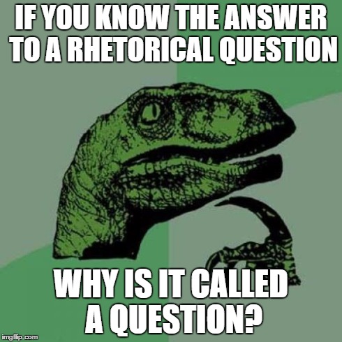 Philosoraptor | IF YOU KNOW THE ANSWER TO A RHETORICAL QUESTION WHY IS IT CALLED A QUESTION? | image tagged in memes,philosoraptor | made w/ Imgflip meme maker