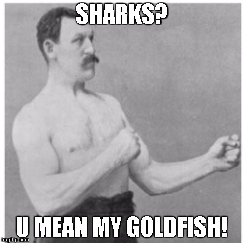 Overly Manly Man Meme | SHARKS? U MEAN MY GOLDFISH! | image tagged in memes,overly manly man | made w/ Imgflip meme maker
