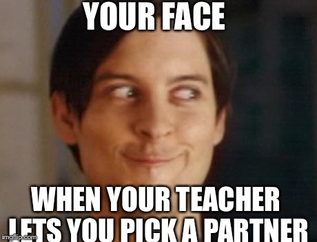 Spiderman Peter Parker | YOUR FACE WHEN YOUR TEACHER LETS YOU PICK A PARTNER | image tagged in memes,spiderman peter parker | made w/ Imgflip meme maker