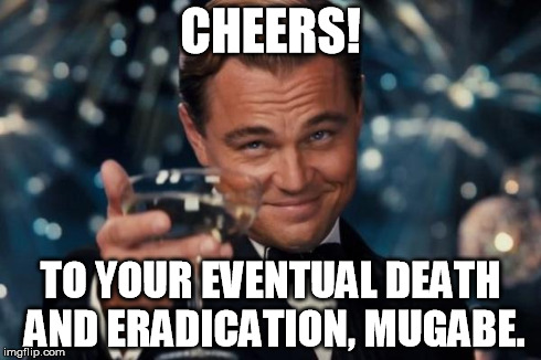 Leonardo Dicaprio Cheers | CHEERS! TO YOUR EVENTUAL DEATH AND ERADICATION, MUGABE. | image tagged in memes,leonardo dicaprio cheers | made w/ Imgflip meme maker