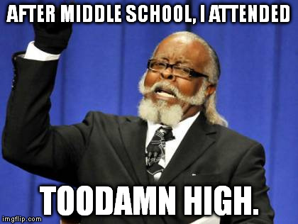 Kind of a weird name for a high school, isn't it? | AFTER MIDDLE SCHOOL, I ATTENDED TOODAMN HIGH. | image tagged in memes,high school | made w/ Imgflip meme maker