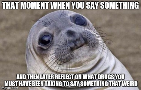 Awkward Moment Sealion Meme | THAT MOMENT WHEN YOU SAY SOMETHING AND THEN LATER REFLECT ON WHAT DRUGS YOU MUST HAVE BEEN TAKING TO SAY SOMETHING THAT WEIRD | image tagged in memes,awkward moment sealion | made w/ Imgflip meme maker