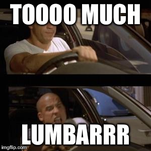 Vin Diesel | TOOOO MUCH LUMBARRR | image tagged in vin diesel | made w/ Imgflip meme maker