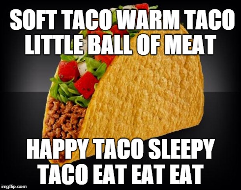 Taco | SOFT TACOWARM TACO LITTLE BALL OF MEAT HAPPY TACO SLEEPY TACO EAT EAT EAT | image tagged in taco | made w/ Imgflip meme maker