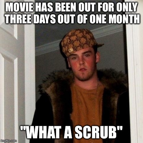 Scumbag Steve Meme | MOVIE HAS BEEN OUT FOR ONLY THREE DAYS OUT OF ONE MONTH "WHAT A SCRUB" | image tagged in memes,scumbag steve | made w/ Imgflip meme maker