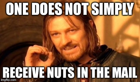 One Does Not Simply | ONE DOES NOT SIMPLY RECEIVE NUTS IN THE MAIL | image tagged in memes,one does not simply | made w/ Imgflip meme maker