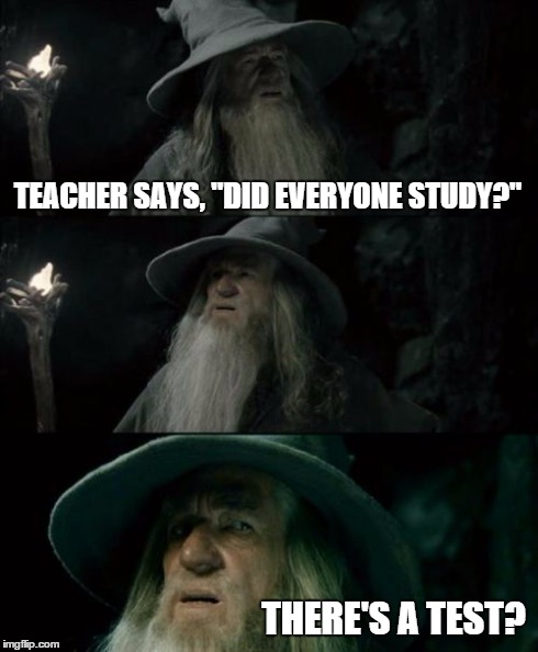 Confused Gandalf Meme | TEACHER SAYS, "DID EVERYONE STUDY?" THERE'S A TEST? | image tagged in memes,confused gandalf | made w/ Imgflip meme maker