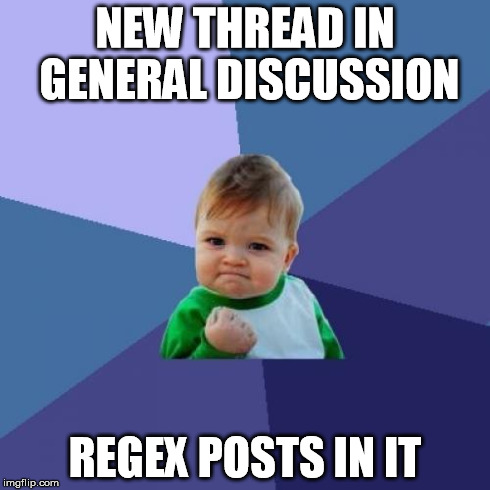 Success Kid Meme | NEW THREAD IN GENERAL DISCUSSION REGEX POSTS IN IT | image tagged in memes,success kid | made w/ Imgflip meme maker