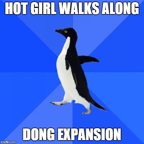 Socially Awkward Penguin | HOT GIRL WALKS ALONG DONG EXPANSION | image tagged in memes,socially awkward penguin | made w/ Imgflip meme maker
