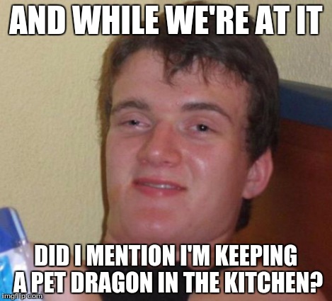 10 Guy Meme | AND WHILE WE'RE AT IT DID I MENTION I'M KEEPING A PET DRAGON IN THE KITCHEN? | image tagged in memes,10 guy | made w/ Imgflip meme maker