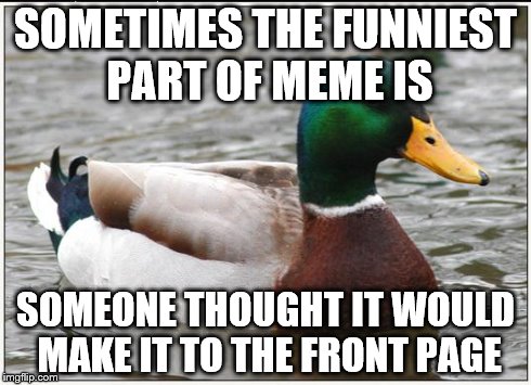 Actual Advice Mallard | SOMETIMES THE FUNNIEST PART OF MEME IS SOMEONE THOUGHT IT WOULD MAKE IT TO THE FRONT PAGE | image tagged in memes,actual advice mallard | made w/ Imgflip meme maker