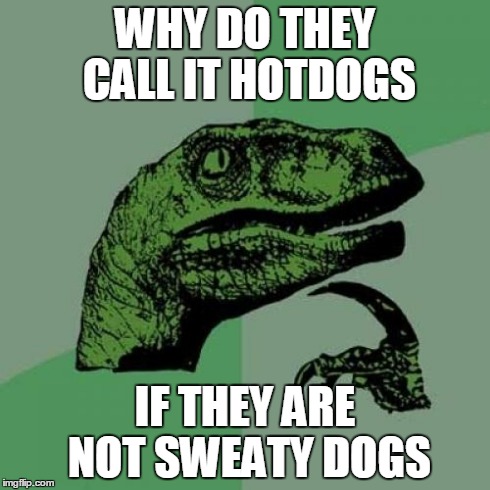 Philosoraptor Meme | WHY DO THEY CALL IT HOTDOGS IF THEY ARE NOT SWEATY DOGS | image tagged in memes,philosoraptor | made w/ Imgflip meme maker