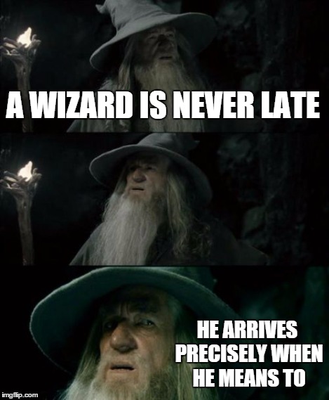 Confused Gandalf Meme | A WIZARD IS NEVER LATE HE ARRIVES PRECISELY WHEN HE MEANS TO | image tagged in memes,confused gandalf | made w/ Imgflip meme maker