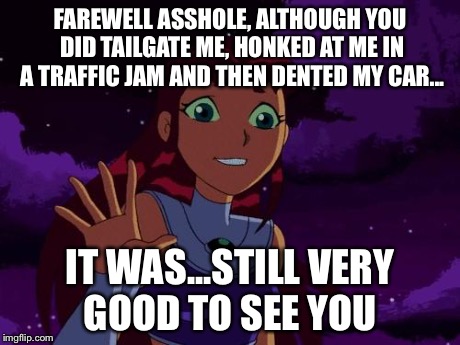 Happy Starfire | FAREWELL ASSHOLE, ALTHOUGH YOU DID TAILGATE ME, HONKED AT ME IN A TRAFFIC JAM AND THEN DENTED MY CAR... IT WAS...STILL VERY GOOD TO SEE YOU | image tagged in happy starfire | made w/ Imgflip meme maker