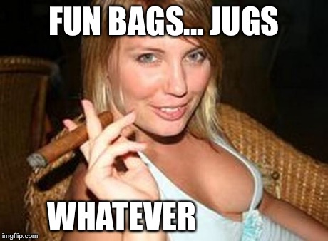 cigar babe | FUN BAGS... JUGS WHATEVER | image tagged in cigar babe | made w/ Imgflip meme maker