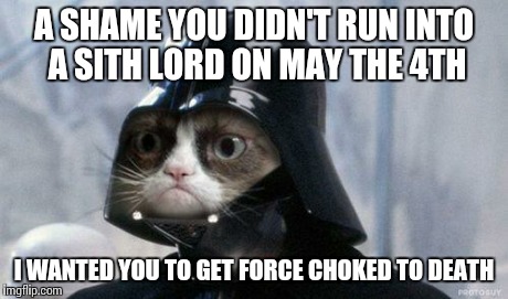 Grumpy Cat Star Wars Meme | A SHAME YOU DIDN'T RUN INTO A SITH LORD ON MAY THE 4TH I WANTED YOU TO GET FORCE CHOKED TO DEATH | image tagged in memes,grumpy cat star wars,grumpy cat | made w/ Imgflip meme maker