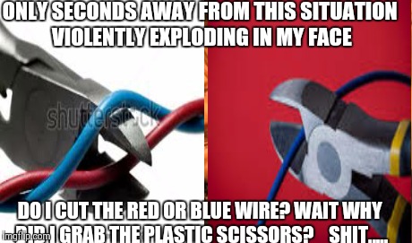 Cut off your nose to spite your face | ONLY SECONDS AWAY FROM THIS SITUATION VIOLENTLY EXPLODING IN MY FACE DO I CUT THE RED OR BLUE WIRE? WAIT WHY DID I GRAB THE PLASTIC SCISSORS | image tagged in stupid,moron,idiot | made w/ Imgflip meme maker